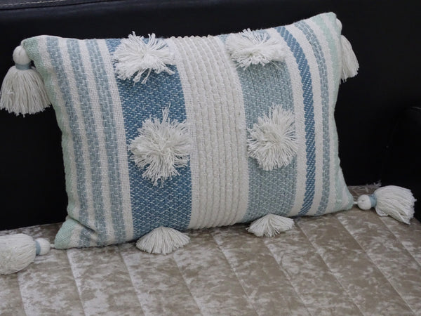 Homeroots 14" X 20" Cream And Blue Striped Cotton Blend Lumbar Throw Pillow With Pom-poms And Tassels   482234
