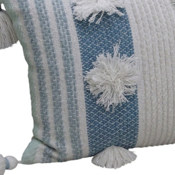 Homeroots 14" X 20" Cream And Blue Striped Cotton Blend Lumbar Throw Pillow With Pom-poms And Tassels   482234