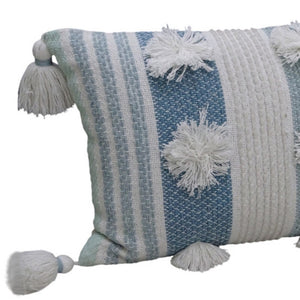 Homeroots 14" X 20" Cream And Blue Striped Cotton Blend Lumbar Throw Pillow With Pom-poms And Tassels   482234
