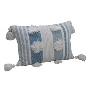 Homeroots 14" X 20" Cream And Blue Striped Cotton Blend Lumbar Throw Pillow With Pom-poms And Tassels   482234