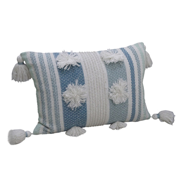 Homeroots 14" X 20" Cream And Blue Striped Cotton Blend Lumbar Throw Pillow With Pom-poms And Tassels   482234