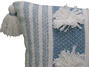 Homeroots 14" X 20" Cream And Blue Striped Cotton Blend Lumbar Throw Pillow With Pom-poms And Tassels   482234