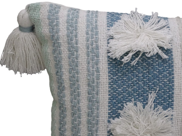 Homeroots 14" X 20" Cream And Blue Striped Cotton Blend Lumbar Throw Pillow With Pom-poms And Tassels   482234