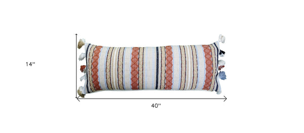 Homeroots 14" X 40" Tan And Beige Trellis Zippered Handmade Cotton Blend Throw Pillow With Tassels   482236