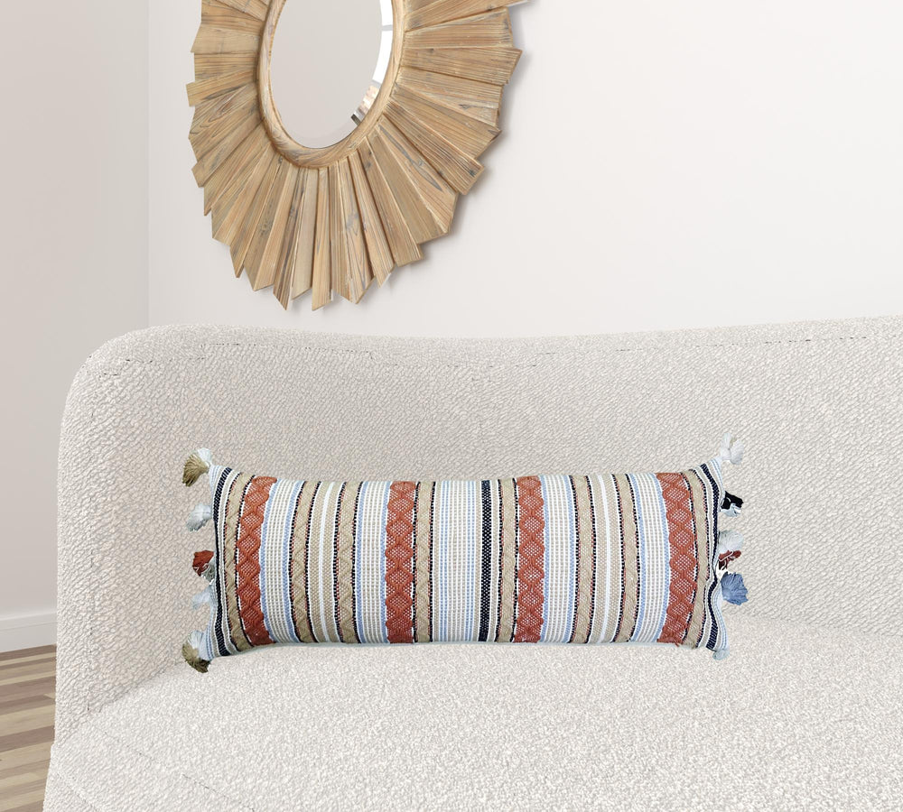 Homeroots 14" X 40" Tan And Beige Trellis Zippered Handmade Cotton Blend Throw Pillow With Tassels   482236