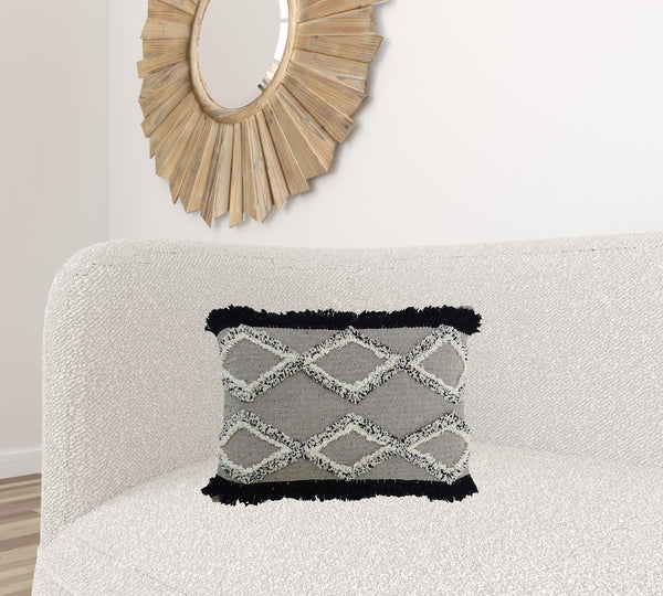 Homeroots 16" X 22" Black And Gray Diamond Handmade Cotton Blend Throw Pillow With Fringe   482237