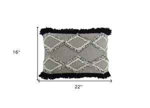 Homeroots 16" X 22" Black And Gray Diamond Handmade Cotton Blend Throw Pillow With Fringe   482237