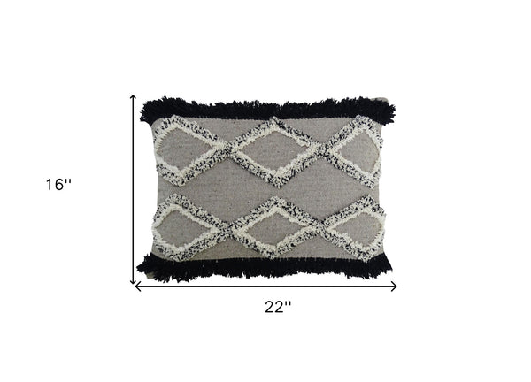 Homeroots 16" X 22" Black And Gray Diamond Handmade Cotton Blend Throw Pillow With Fringe   482237