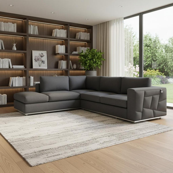 HomeRoots Dark Italian Leather L-Shaped Corner Sectional Sofa – Stylish Comfort for Modern Living Spaces Dark Grey 482252