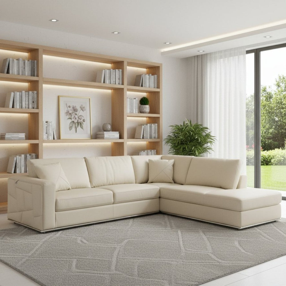 HomeRoots Beige Italian Leather Reclining Corner Sectional - Luxurious L-Shaped Design for Ultimate Comfort Beige 482254