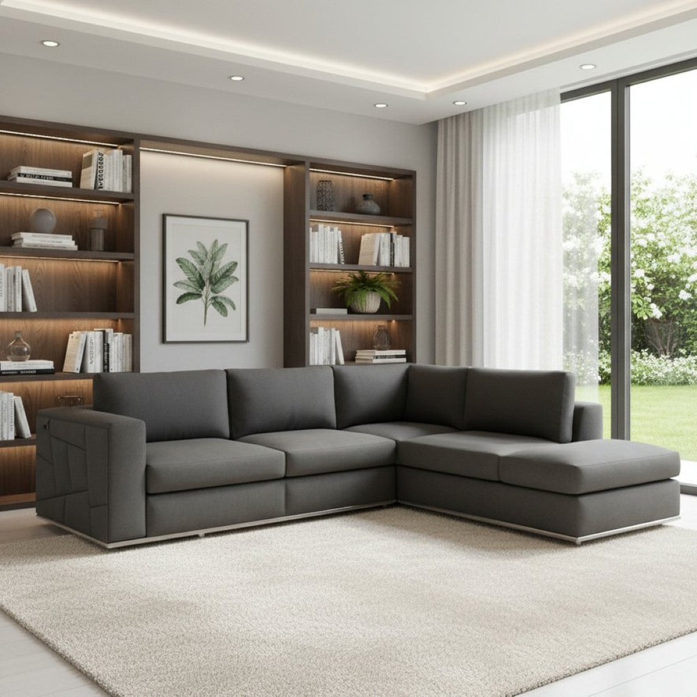 HomeRoots Dark Italian Leather Reclining L-Shaped Two-Piece Corner Sectional for Ultimate Comfort & Style Dark Grey 482255