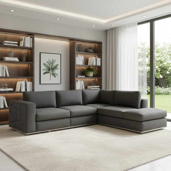 HomeRoots Dark Italian Leather Reclining L-Shaped Two-Piece Corner Sectional for Ultimate Comfort & Style Dark Grey 482255