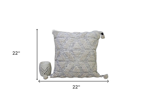 Homeroots 22" X 22" Off White Geometric Zippered Handmade Cotton Blend Throw Pillow With Tassels   482271