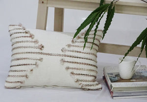 Homeroots 14" X 20" Tan And White Zippered Cotton Blend Geometric Throw Pillow With Pom-poms   482272