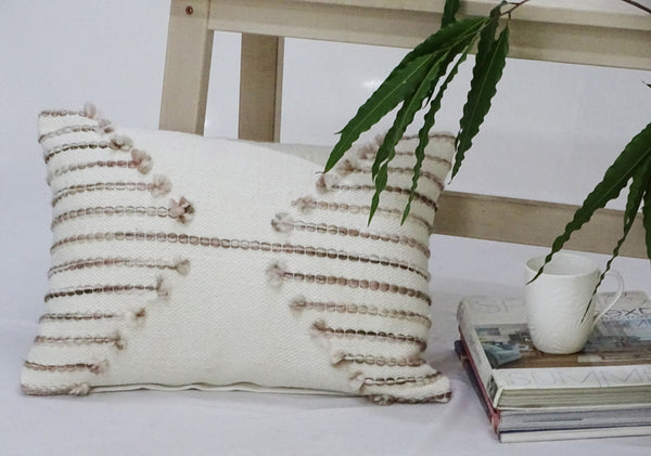 Homeroots 14" X 20" Tan And White Zippered Cotton Blend Geometric Throw Pillow With Pom-poms   482272