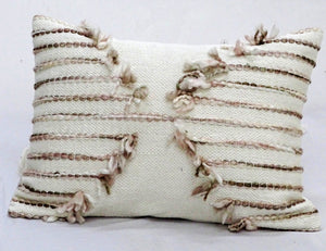 Homeroots 14" X 20" Tan And White Zippered Cotton Blend Geometric Throw Pillow With Pom-poms   482272