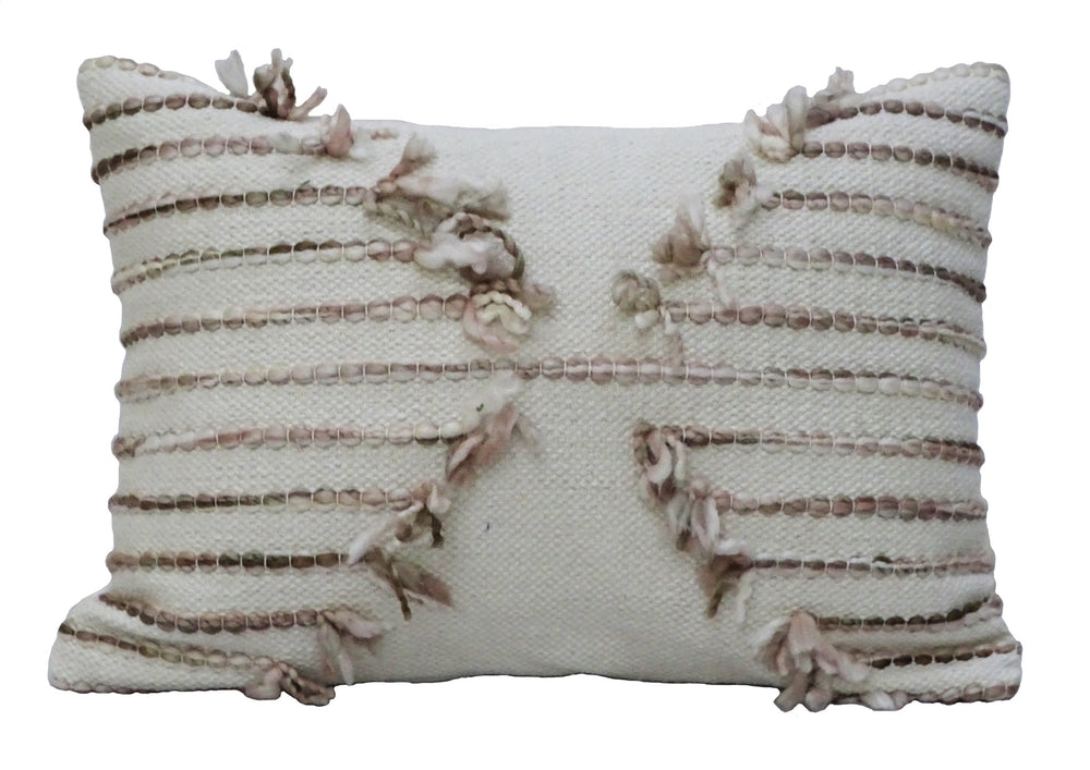 Homeroots 14" X 20" Tan And White Zippered Cotton Blend Geometric Throw Pillow With Pom-poms   482272