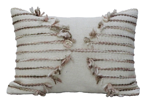 Homeroots 14" X 20" Tan And White Zippered Cotton Blend Geometric Throw Pillow With Pom-poms   482272