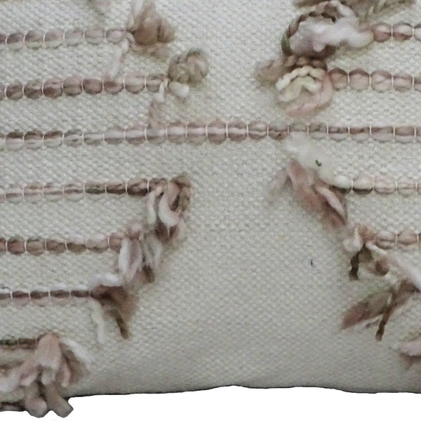Homeroots 14" X 20" Tan And White Zippered Cotton Blend Geometric Throw Pillow With Pom-poms   482272