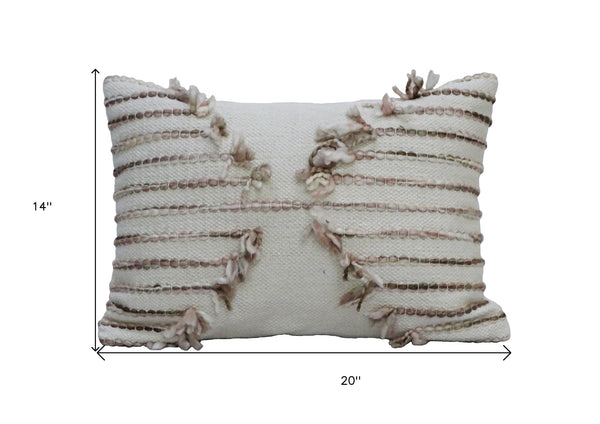 Homeroots 14" X 20" Tan And White Zippered Cotton Blend Geometric Throw Pillow With Pom-poms   482272