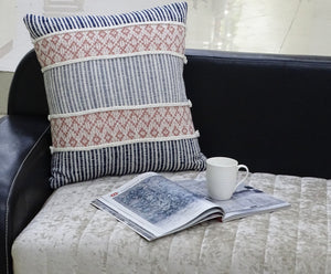 Homeroots 22" X 22" Blue And Peach Trellis Zippered Cotton Blend Throw Pillow With Embroidery   482273