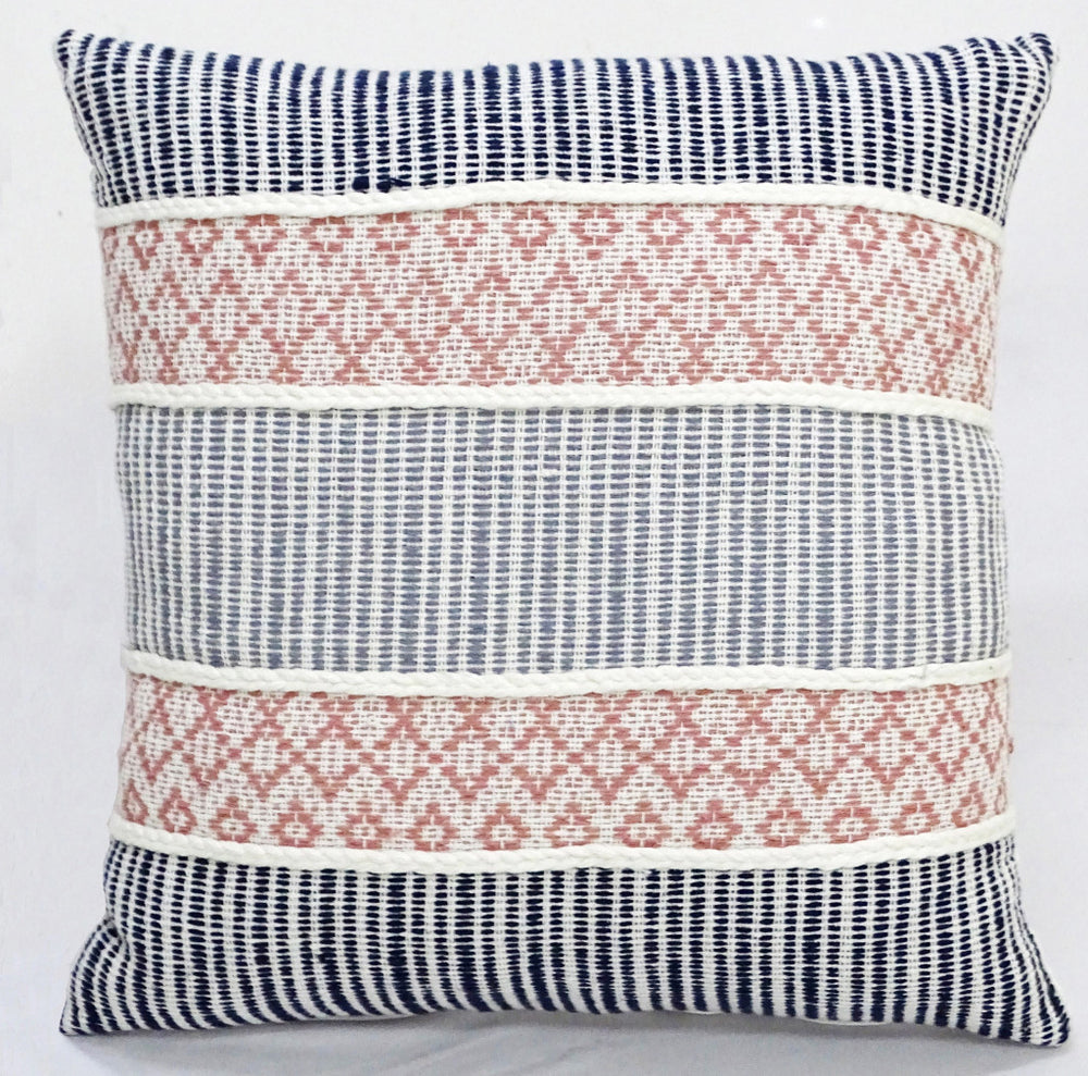 Homeroots 22" X 22" Blue And Peach Trellis Zippered Cotton Blend Throw Pillow With Embroidery   482273