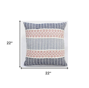 Homeroots 22" X 22" Blue And Peach Trellis Zippered Cotton Blend Throw Pillow With Embroidery   482273