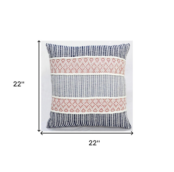 Homeroots 22" X 22" Blue And Peach Trellis Zippered Cotton Blend Throw Pillow With Embroidery   482273