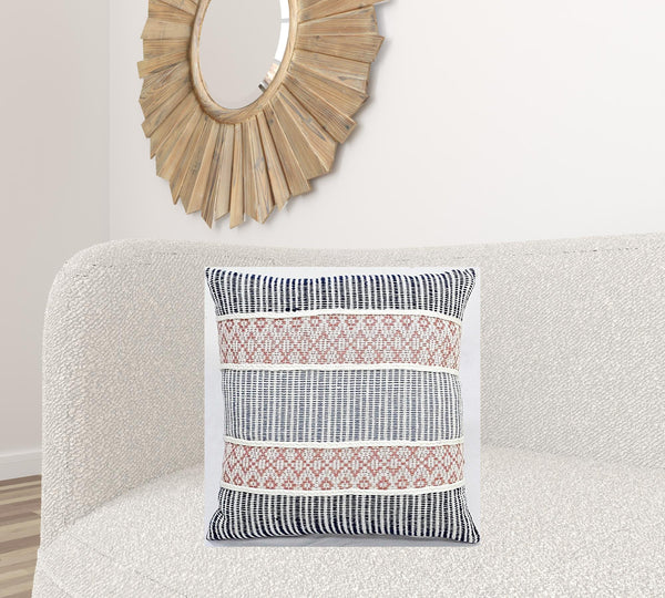 Homeroots 22" X 22" Blue And Peach Trellis Zippered Cotton Blend Throw Pillow With Embroidery   482273