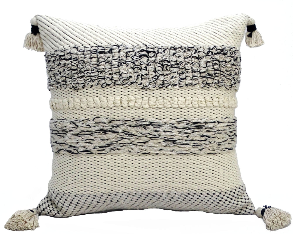 Homeroots 22" X 22" White And Black Zippered Cotton Blend Ribbed Throw Pillow With Tassels   482274