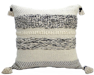 Homeroots 22" X 22" White And Black Zippered Cotton Blend Ribbed Throw Pillow With Tassels   482274