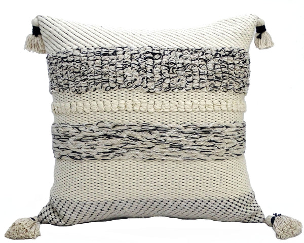 Homeroots 22" X 22" White And Black Zippered Cotton Blend Ribbed Throw Pillow With Tassels   482274