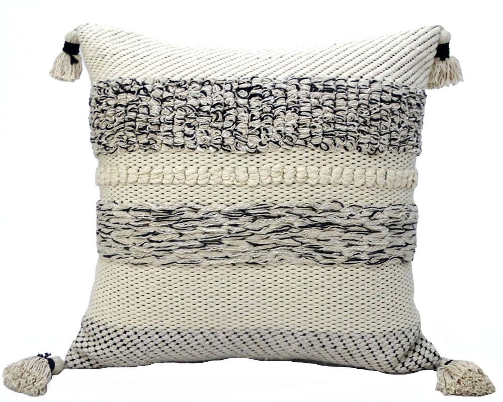 Homeroots 22" X 22" White And Black Zippered Cotton Blend Ribbed Throw Pillow With Tassels   482274