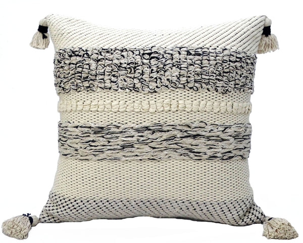 Homeroots 22" X 22" White And Black Zippered Cotton Blend Ribbed Throw Pillow With Tassels   482274