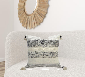 Homeroots 22" X 22" White And Black Zippered Cotton Blend Ribbed Throw Pillow With Tassels   482274