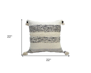 Homeroots 22" X 22" White And Black Zippered Cotton Blend Ribbed Throw Pillow With Tassels   482274