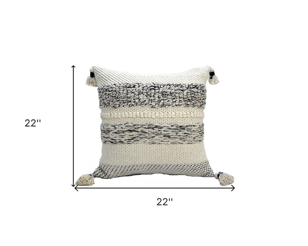 Homeroots 22" X 22" White And Black Zippered Cotton Blend Ribbed Throw Pillow With Tassels   482274
