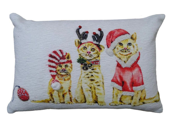 Homeroots 14" X 20" White And Red Cat Zippered Cotton Blend Christmas Throw Pillow   482275