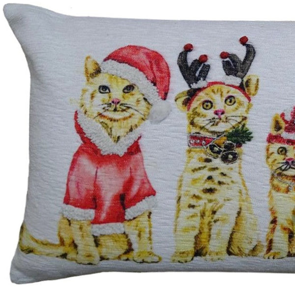 Homeroots 14" X 20" White And Red Cat Zippered Cotton Blend Christmas Throw Pillow   482275