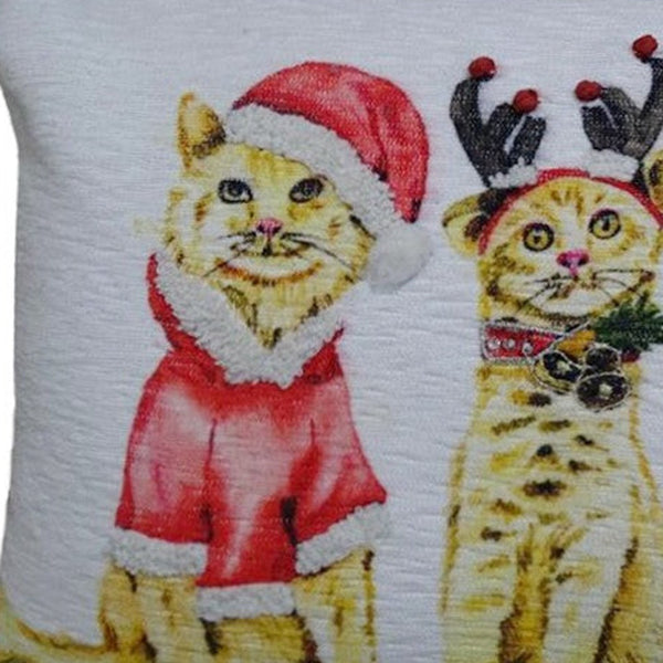 Homeroots 14" X 20" White And Red Cat Zippered Cotton Blend Christmas Throw Pillow   482275