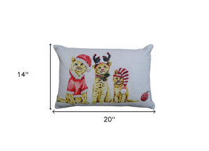 Homeroots 14" X 20" White And Red Cat Zippered Cotton Blend Christmas Throw Pillow   482275