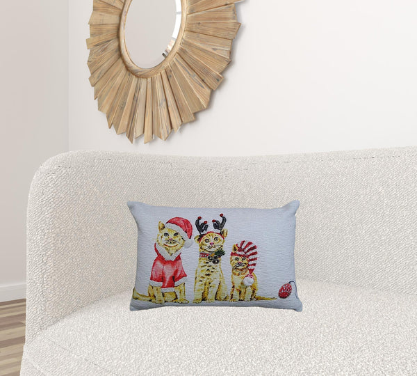 Homeroots 14" X 20" White And Red Cat Zippered Cotton Blend Christmas Throw Pillow   482275