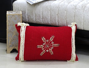 Homeroots 14" X 20" Red Zippered Cotton Blend Christmas Snowflakes Throw Pillow With Embroidery   482277