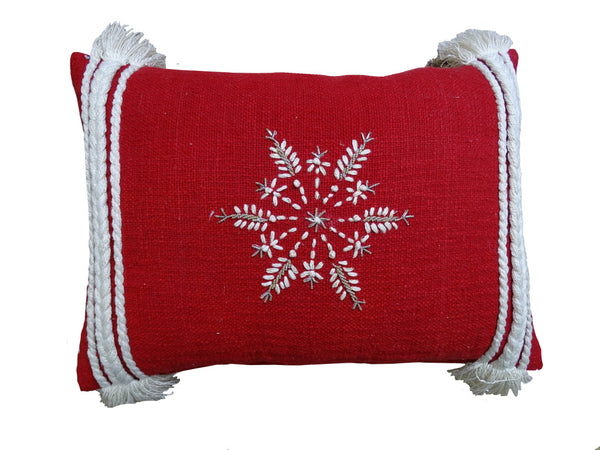 Homeroots 14" X 20" Red Zippered Cotton Blend Christmas Snowflakes Throw Pillow With Embroidery   482277