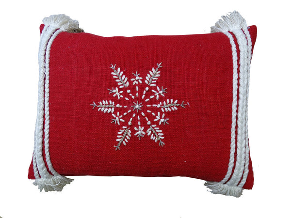 Homeroots 14" X 20" Red Zippered Cotton Blend Christmas Snowflakes Throw Pillow With Embroidery   482277