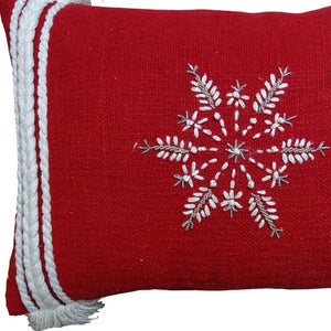 Homeroots 14" X 20" Red Zippered Cotton Blend Christmas Snowflakes Throw Pillow With Embroidery   482277