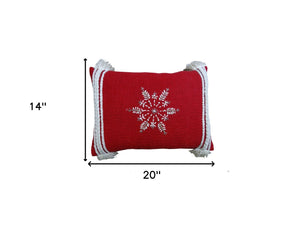 Homeroots 14" X 20" Red Zippered Cotton Blend Christmas Snowflakes Throw Pillow With Embroidery   482277