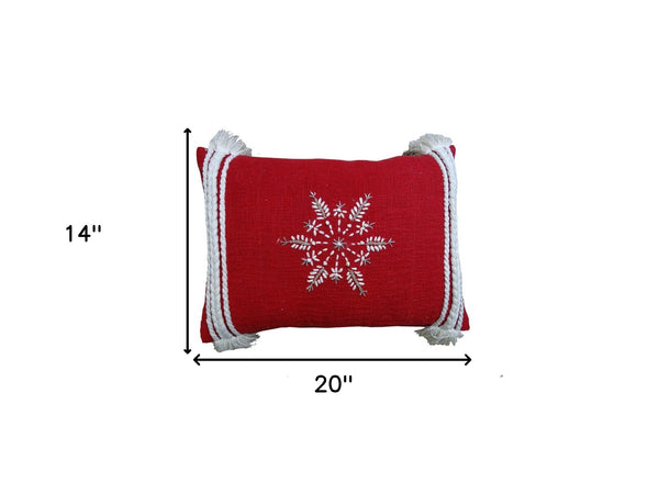 Homeroots 14" X 20" Red Zippered Cotton Blend Christmas Snowflakes Throw Pillow With Embroidery   482277