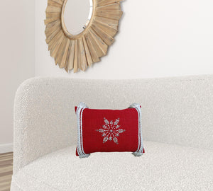 Homeroots 14" X 20" Red Zippered Cotton Blend Christmas Snowflakes Throw Pillow With Embroidery   482277