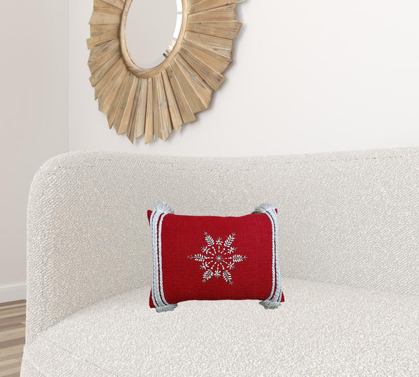 Homeroots 14" X 20" Red Zippered Cotton Blend Christmas Snowflakes Throw Pillow With Embroidery   482277
